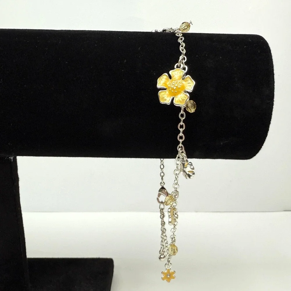 Dangling Flower Charm Ankle Bracelet Yellow Enamel Silver Tone Jewelry 11 in